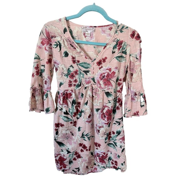 Band of Gypsies Tops - Band of Gypsies Pink Floral Empire Waist Bell Sleeve Boho Top‎ XS Pockets